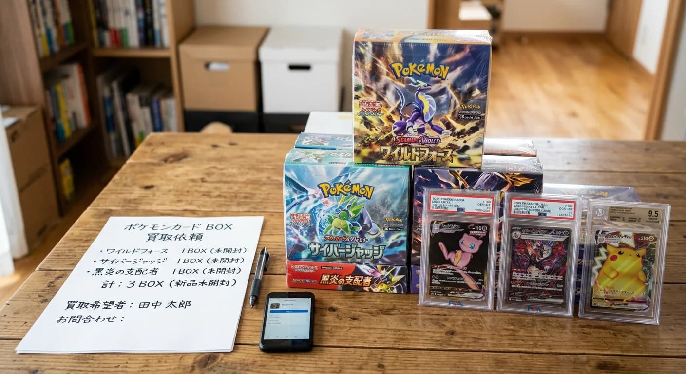 ポケモンカードの未開封BOXと鑑定済みカードを並べた説明用イメージ